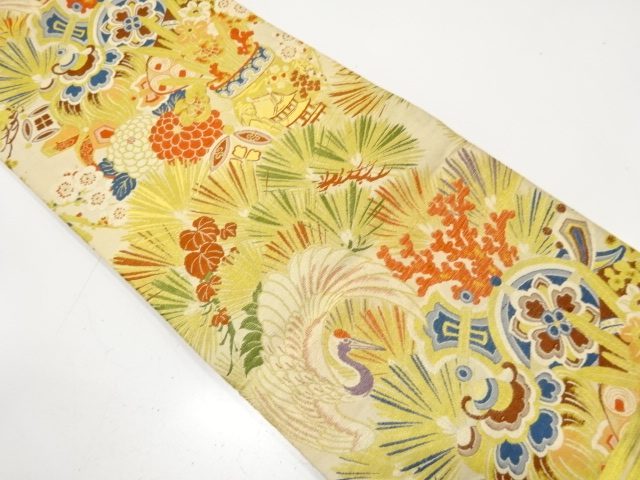 JAPANESE KIMONO / ANTIQUE MARU OBI / WOVEN CRANE WITH PINE & KIKU